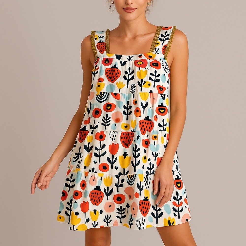 THML White Mini Dress with Red, Yellow, Black & Pink Floral Print